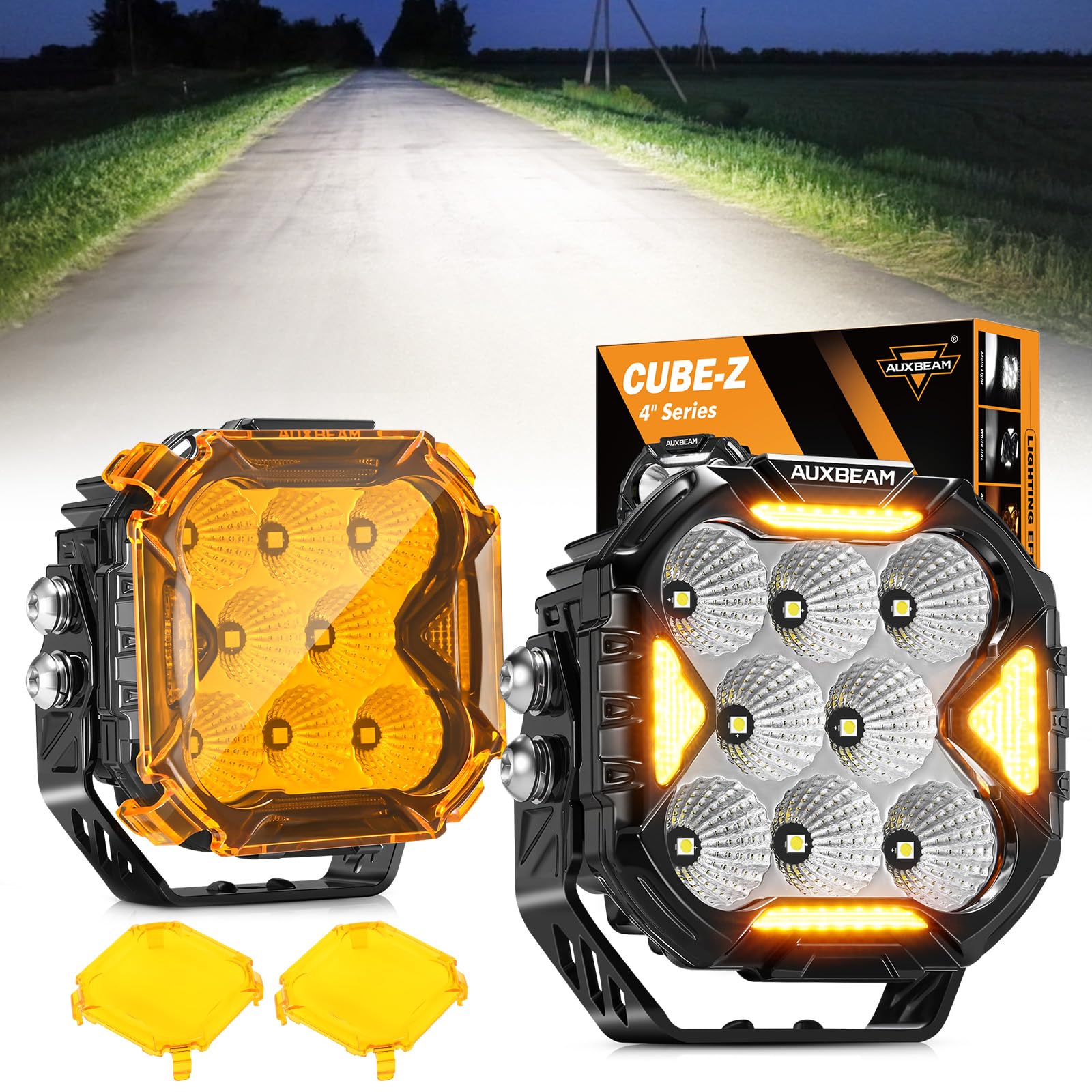 Auxbeam Cube-Z Series 4" Led Pods with Amber Covers, 112W 12800LM Flood Offroad Driving Lights with DRL Turn Signal, Cube Ditch Lights with DT Wiring Harness for Jeep Offroad ATV UTV, Pair - Image 9