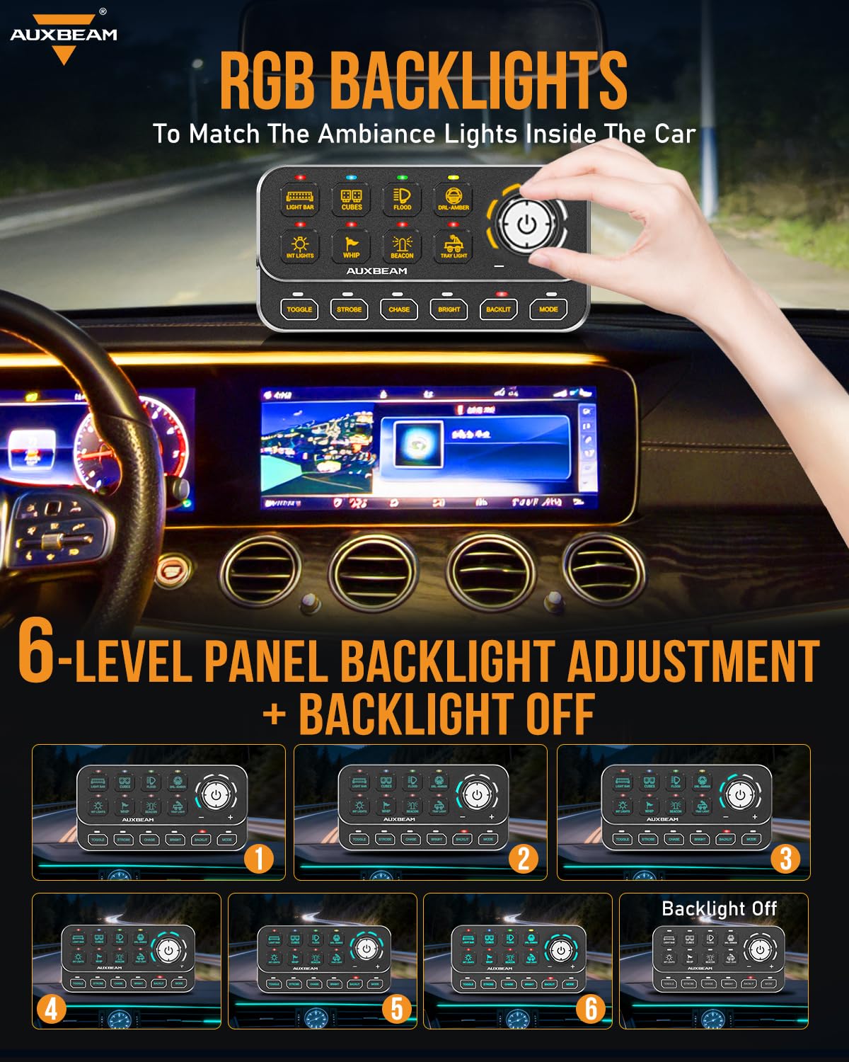 Auxbeam KS-80 8 Gang Switch Panel with Rotary Knob, Universal RGB Backlit Control Panel with 4 Triggers & 4 Modes Toggle/Momentary/Pulse/SOS, Chase Light & Dimming Relay for Truck Boat Marine Off-Road - Image 7