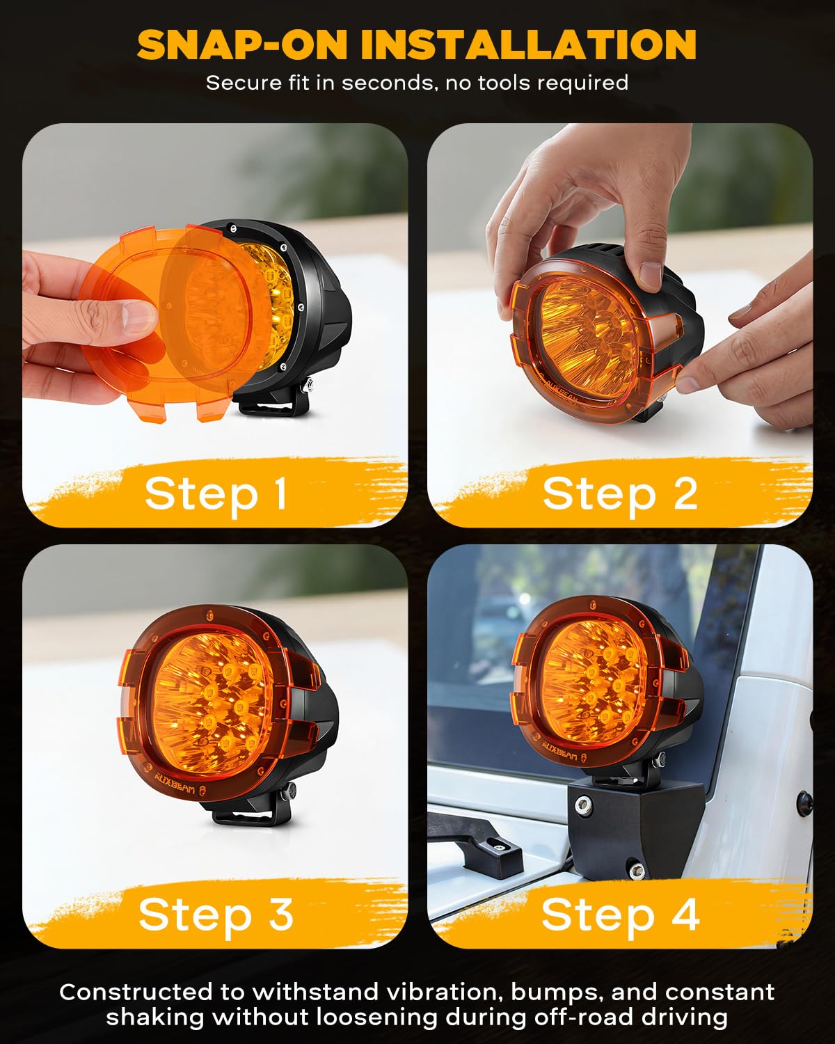 Auxbeam P4 Series 4 Inch Deep Amber Light Covers 2300K Dark Amber Tint Round Off-Road Light Lens Cap LED Pods Covers Reduce Glare for Fog & Dust Low Visibility, 2 Packs - Image 4
