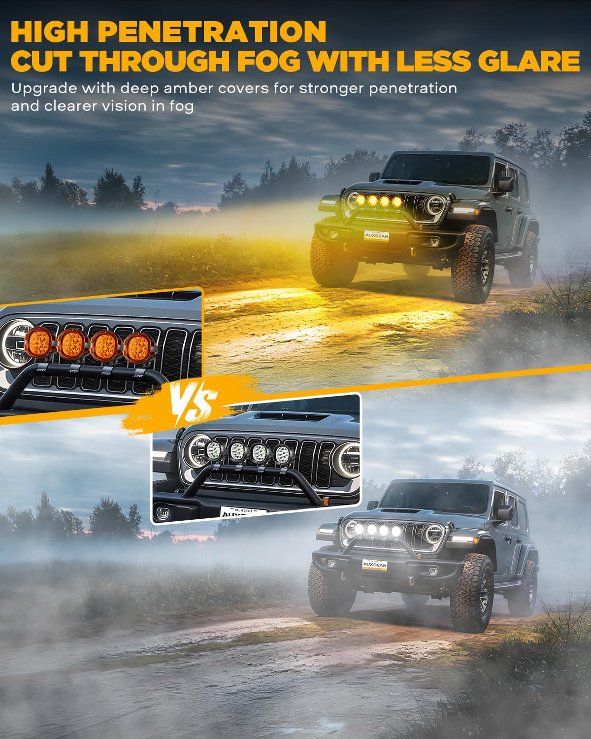 Auxbeam P4 Series 4 Inch Deep Amber Light Covers 2300K Dark Amber Tint Round Off-Road Light Lens Cap LED Pods Covers Reduce Glare for Fog & Dust Low Visibility, 2 Packs - Image 5