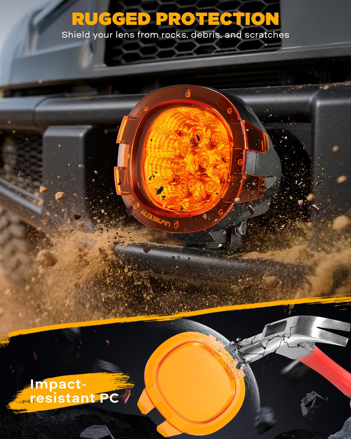 Auxbeam P4 Series 4 Inch Deep Amber Light Covers 2300K Dark Amber Tint Round Off-Road Light Lens Cap LED Pods Covers Reduce Glare for Fog & Dust Low Visibility, 2 Packs - Image 7