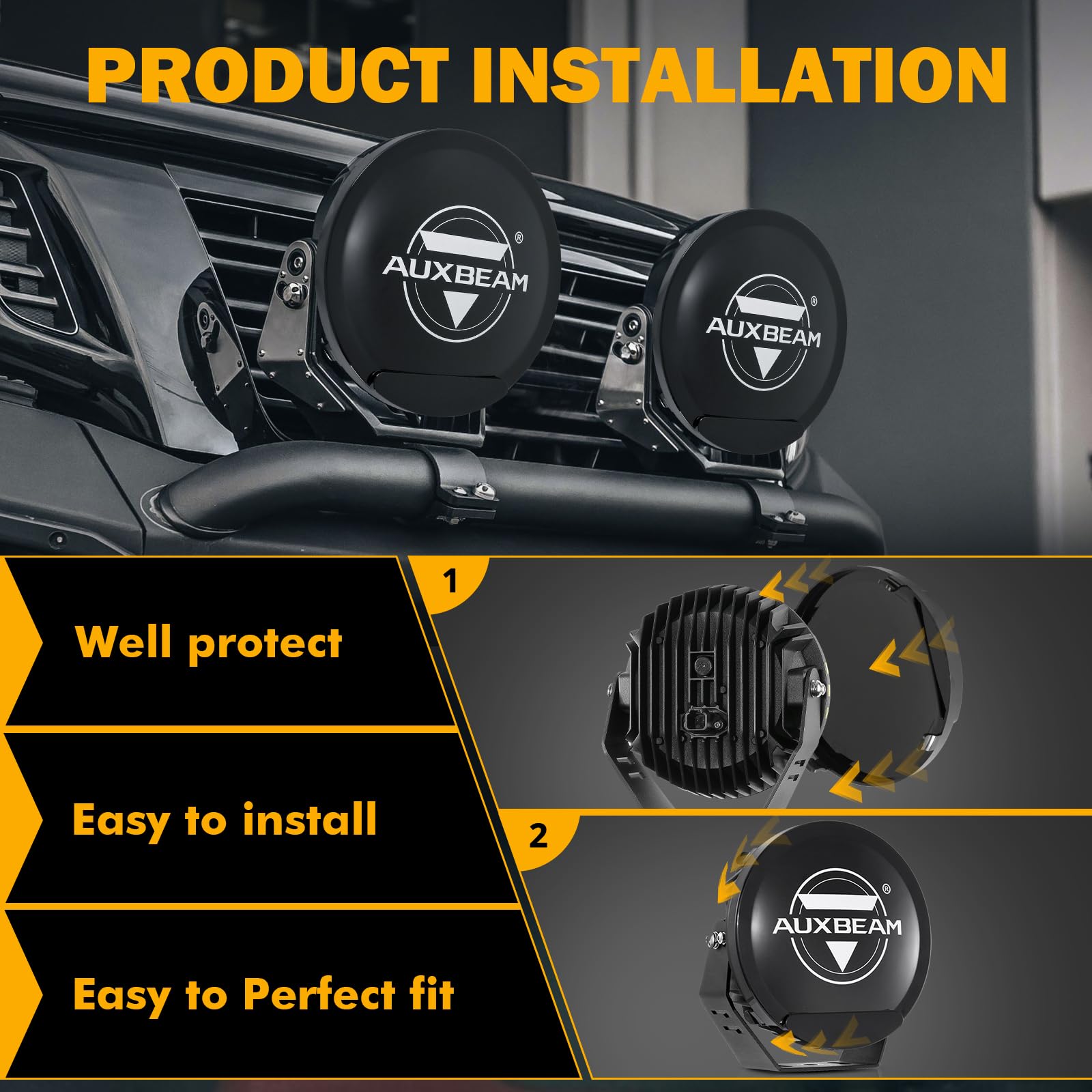 Auxbeam 7 Inch Round Offroad Light Covers, Round Black Light Cover with Logo for 7 Inch Diameter Round Driving Off Road Lights Bumper Roof Lights, Pair - Image 4