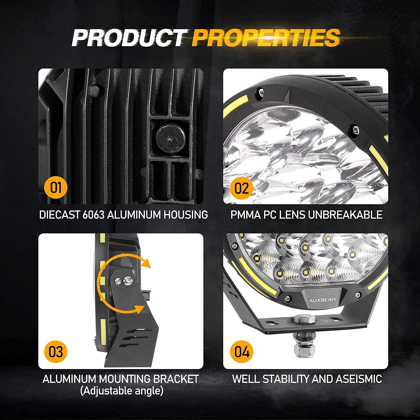 Auxbeam 9'' Round Offroad Lights with Amber & Leather Covers Combo Kit, 270W 37776LM Extremely Bright LED Driving Light Work Light with DT Wiring Harness for Truck, Jeep, ATV, UTV - Image 4