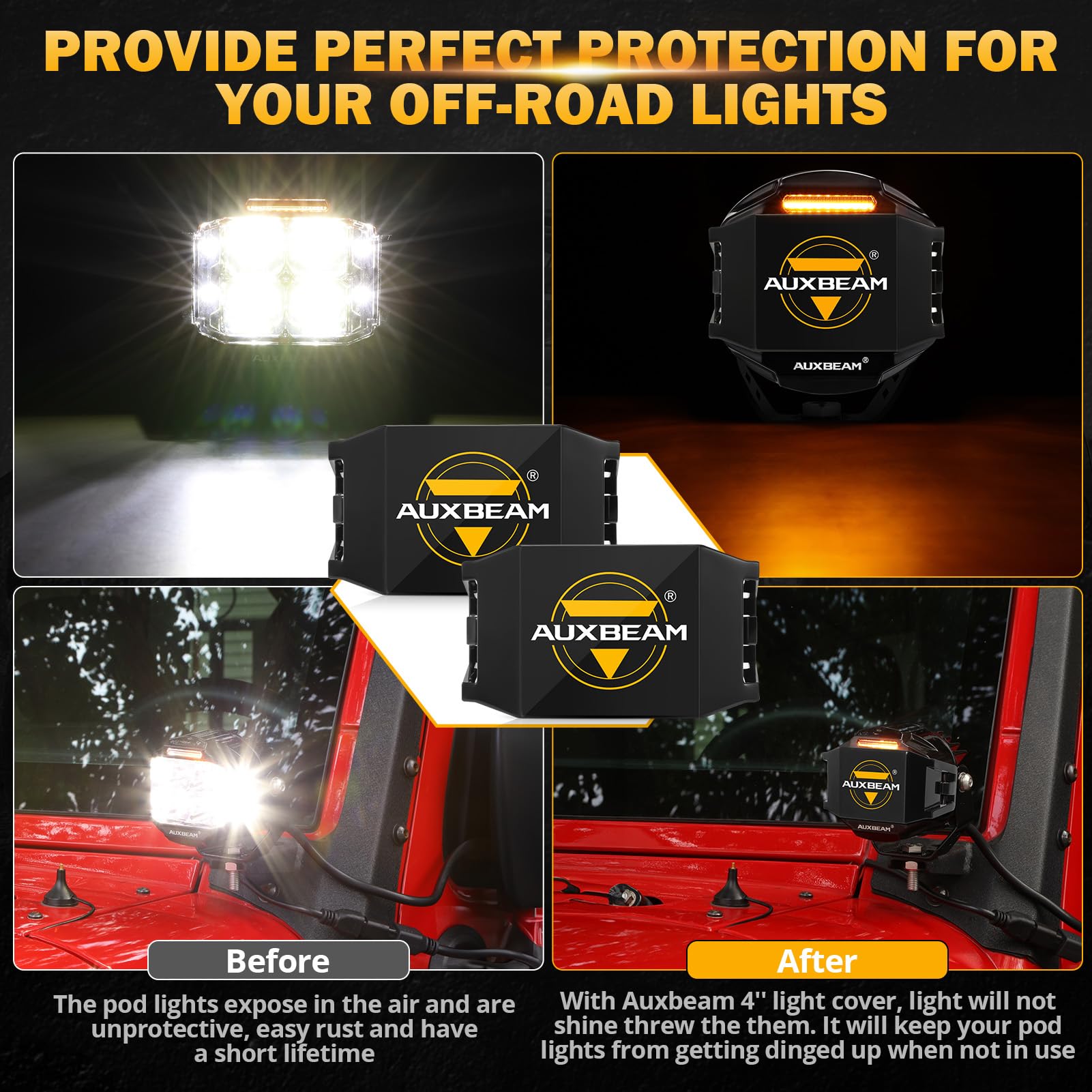Auxbeam 4 inch Pod Light Covers, Black Cube Offroad Light Cover Waterproof Polycarbonate Protective Lens for LED Pod Lights Driving Fog Light (Fit for ZD000849 ZD000850) - Image 3
