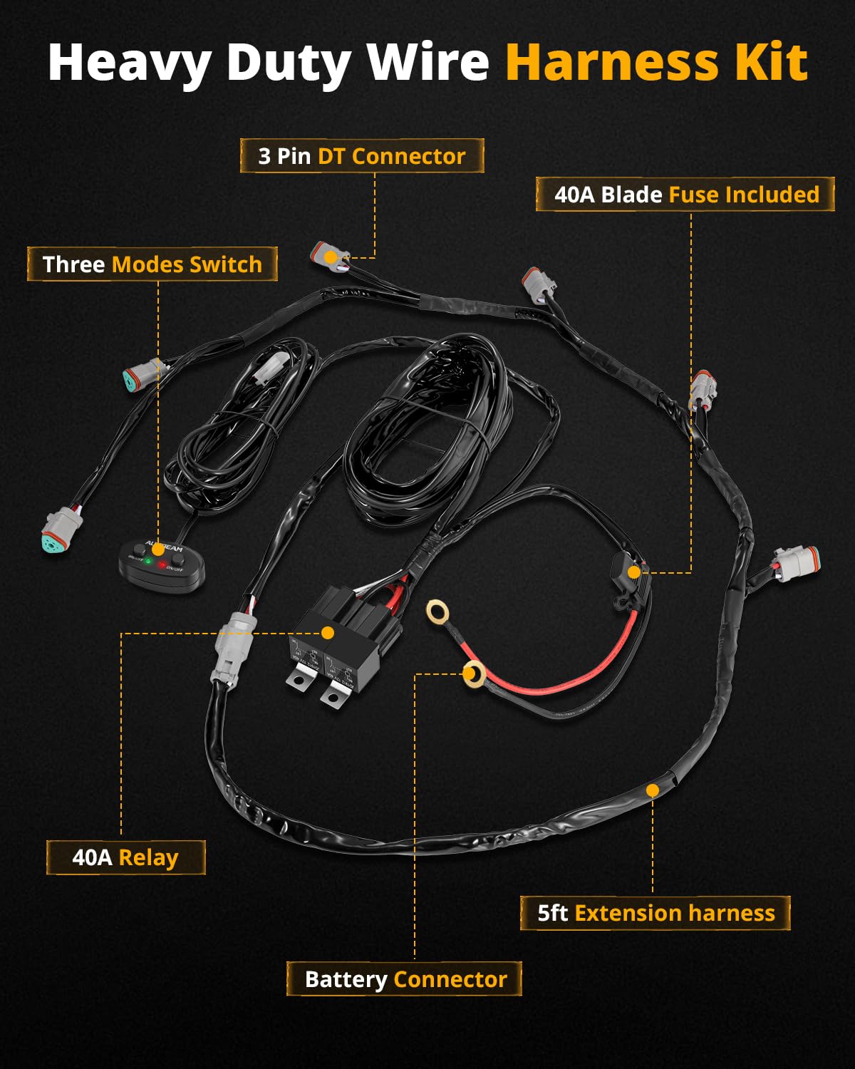 Auxbeam Wiring Harness Kit 6 Leads, Led Pods Led Offroad Light On Off Waterproof Switch Heavy Duty 12V Power Relay, Extension Wiring Harness 40A Blade Fuse 2PIN DT Plug (Without Light pods) - Image 3