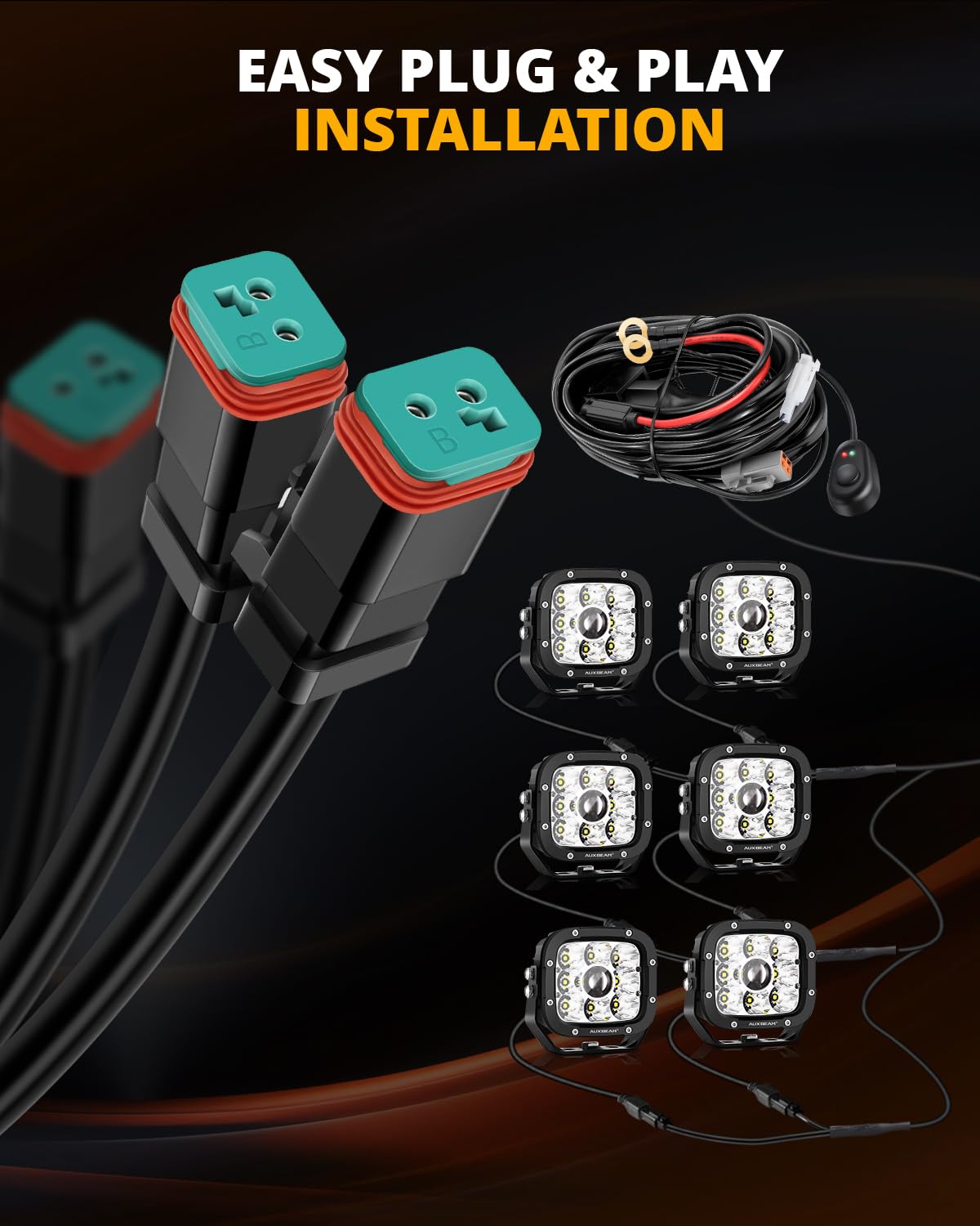 Auxbeam Wiring Harness Kit 6 Leads, Led Pods Led Offroad Light On Off Waterproof Switch Heavy Duty 12V Power Relay, Extension Wiring Harness 40A Blade Fuse 2PIN DT Plug (Without Light pods) - Image 3