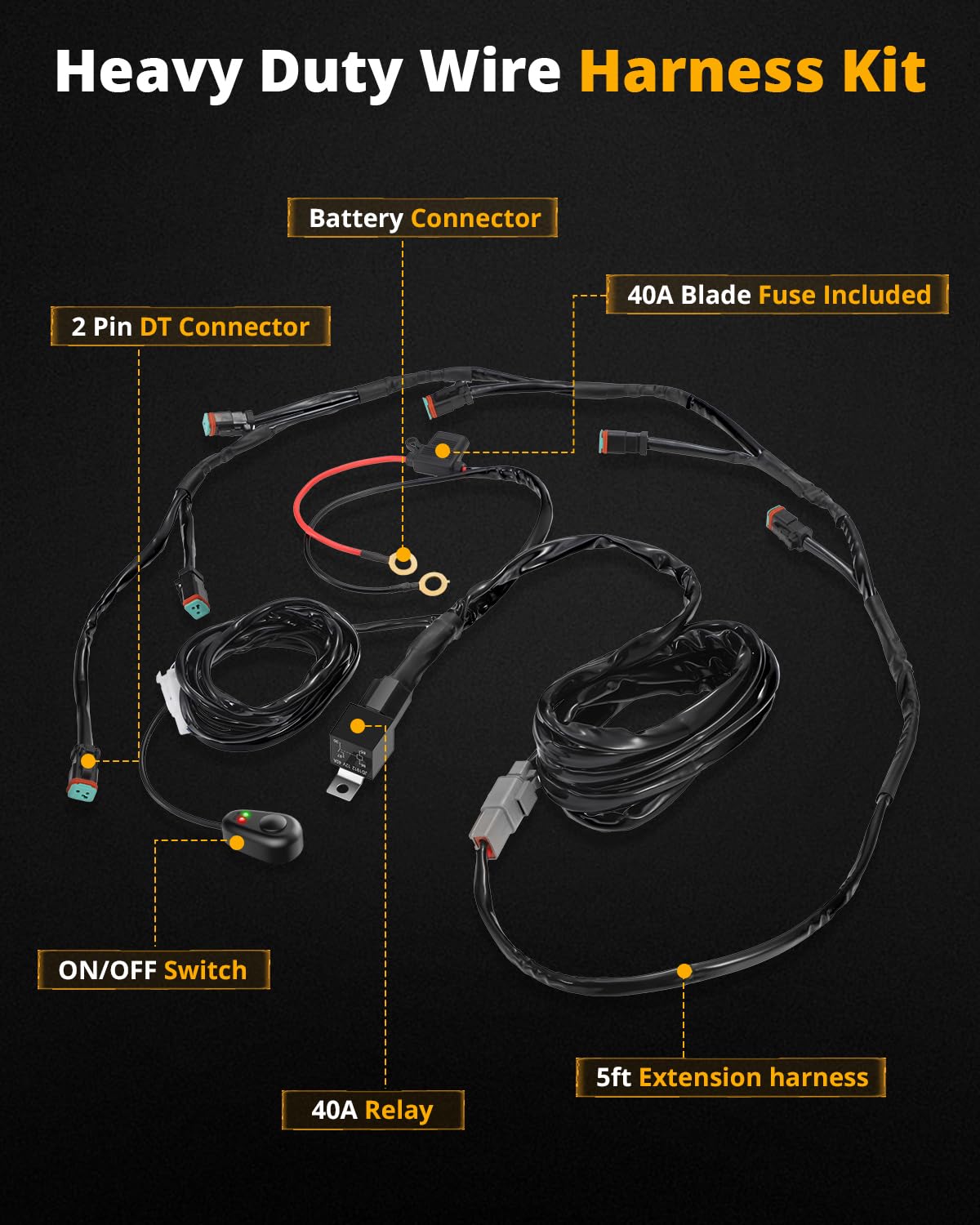 Auxbeam Wiring Harness Kit 6 Leads, Led Pods Led Offroad Light On Off Waterproof Switch Heavy Duty 12V Power Relay, Extension Wiring Harness 40A Blade Fuse 2PIN DT Plug (Without Light pods) - Image 7