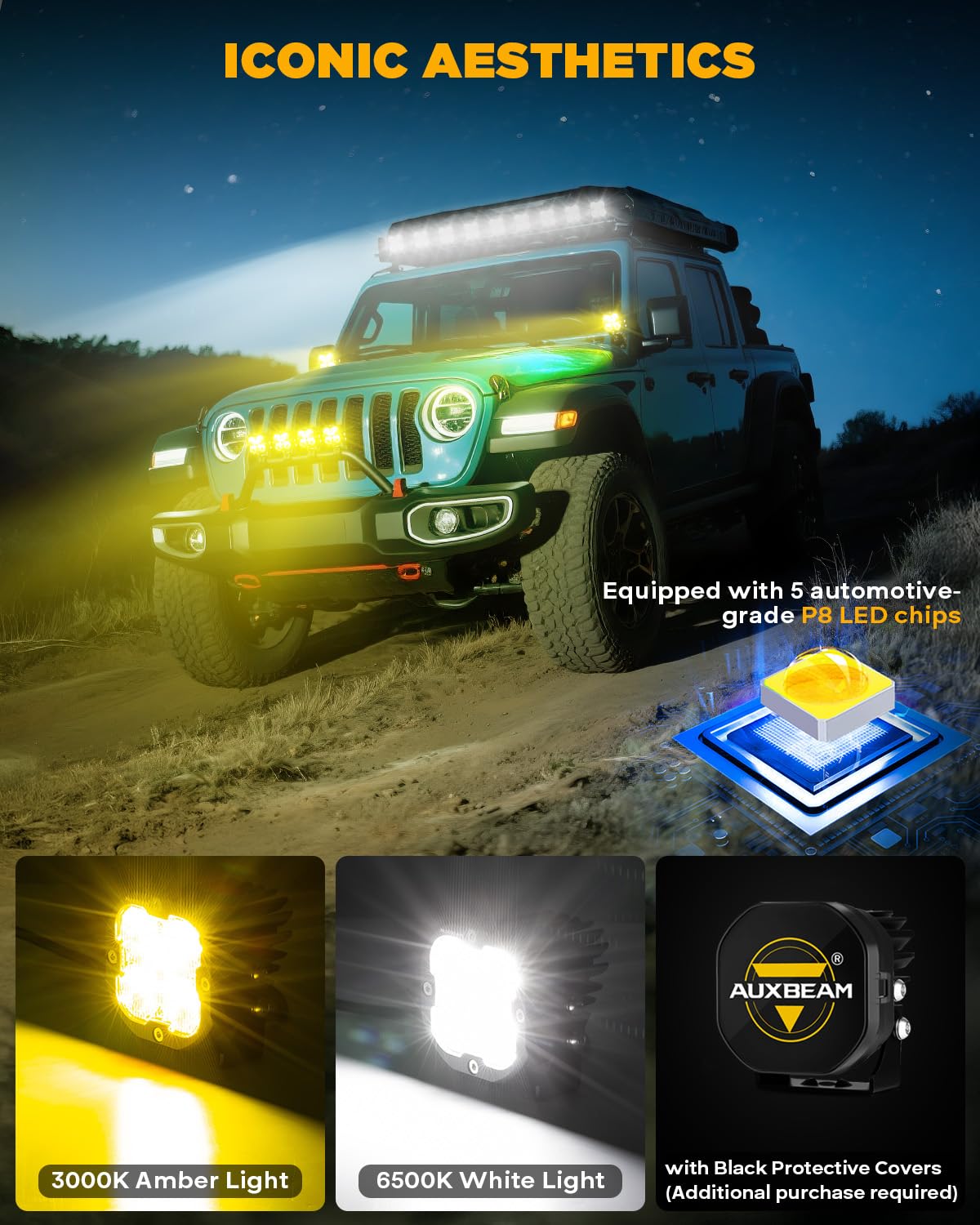 Auxbeam XP-Ultra Series 3" 80W Flood Beam LED Pods with Protective Light Covers Bundle Cube Offroad Light Bar Amber White Fog Lights for A-Pillar Bumper Off-Roading - Image 4