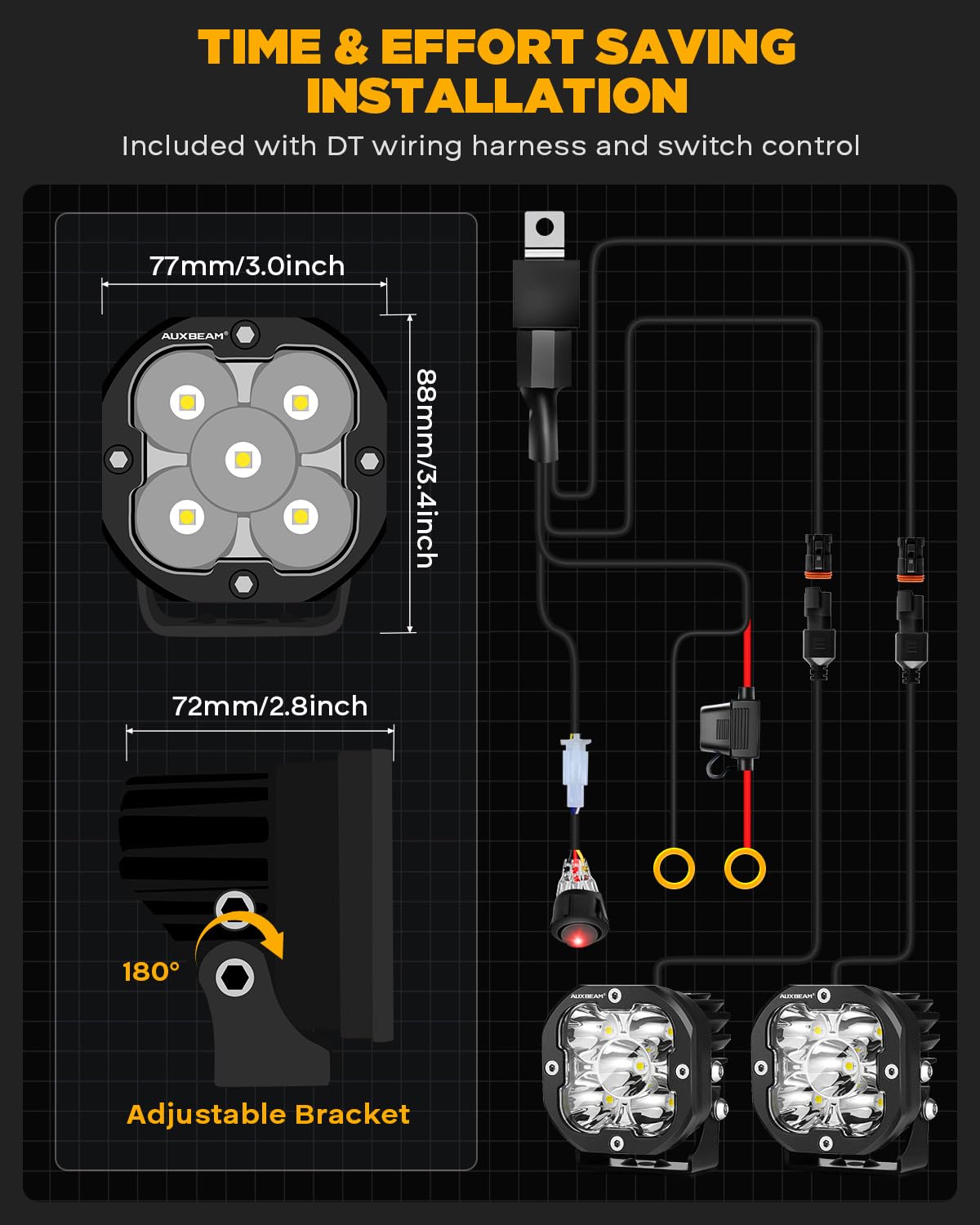 Auxbeam XP-Ultra Series 3" Spot Beam LED Pods with Flush Mount Brackets Bundle for Toyota 2012-2022 Tacoma, 2010-2022 4Runner, 2014-2022 Tundra - Image 9